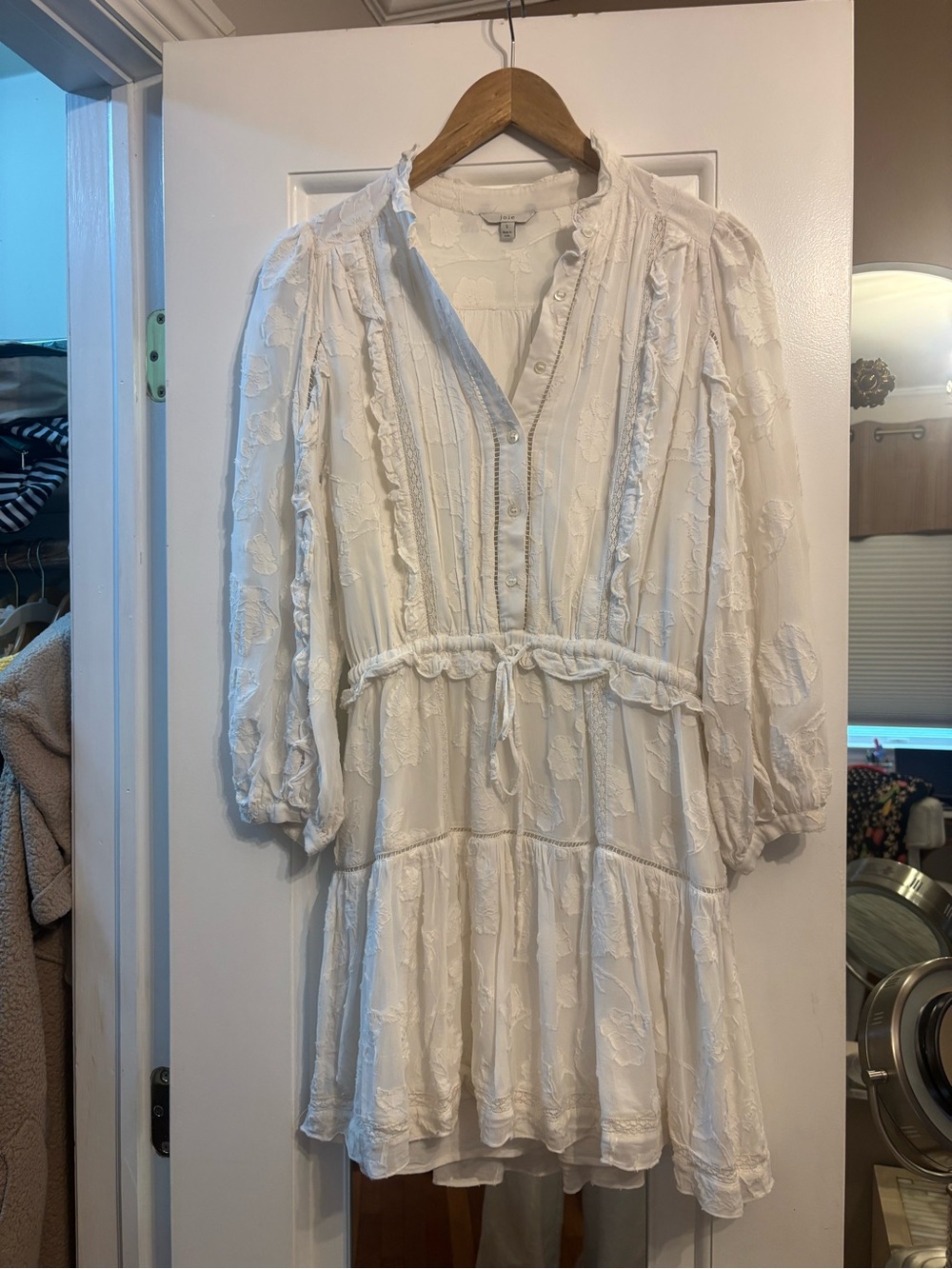 Joie Ivory Floral Embroidered Tie-Waist Mini Dress